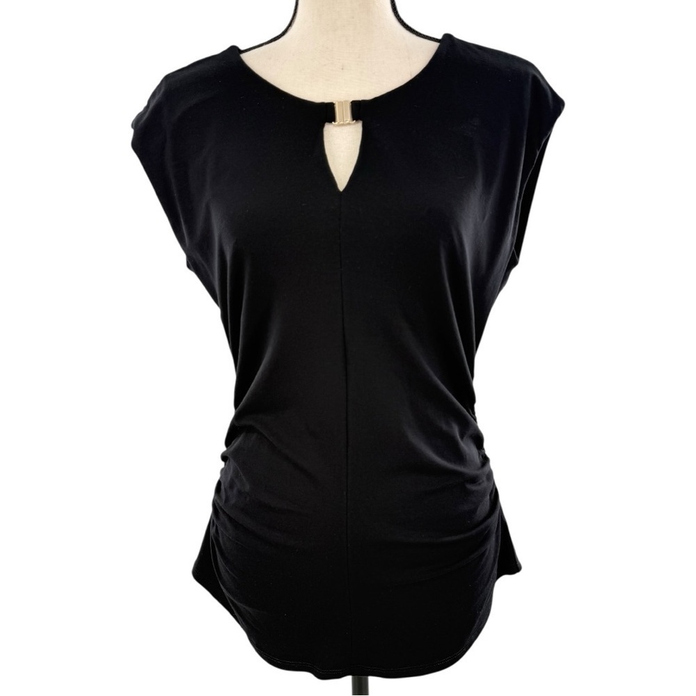 Vince Camuto Black Sleeveless Top Women’s Large Gold Bar Keyhole Neck Ruched